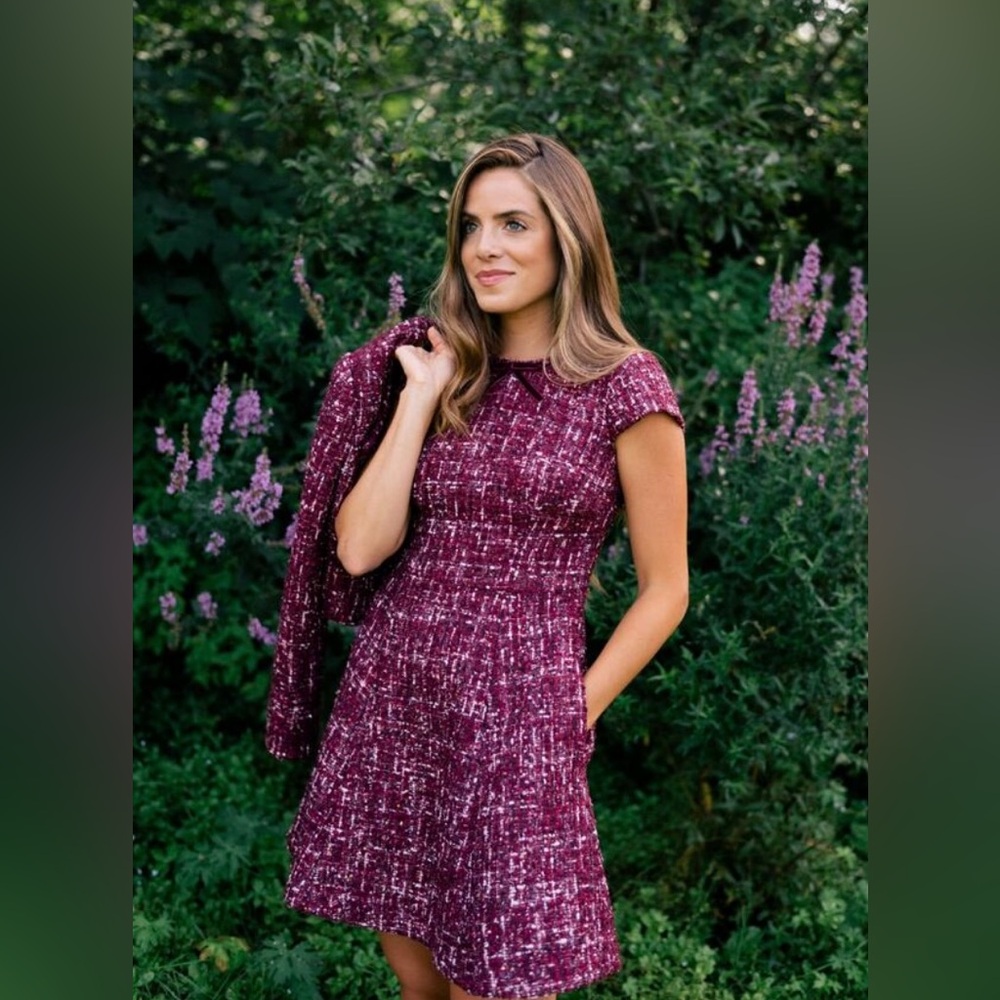 Gal Meets Glam Nell Burgundy Red Tweed Boucle Dress